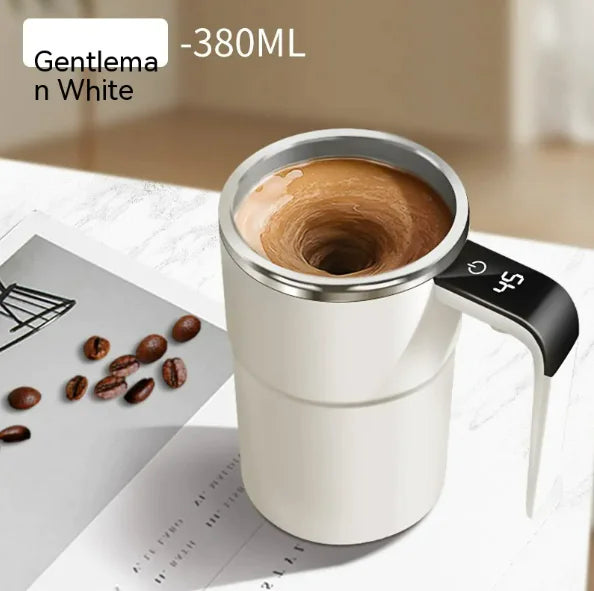 Magnetic Stirring Coffee Cup filled with coffee, showing the self-mixing feature in action.