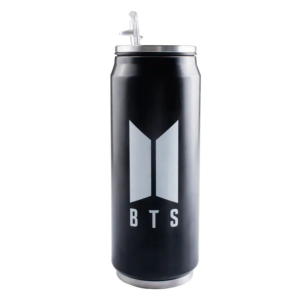 BTS Bulletproof Coffee Cup featuring a sleek black design with the BTS logo and aluminum construction.