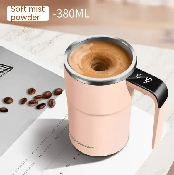 Magnetic Stirring Coffee Cup in pink color with stirred coffee, perfect for effortless mixing at home or office.