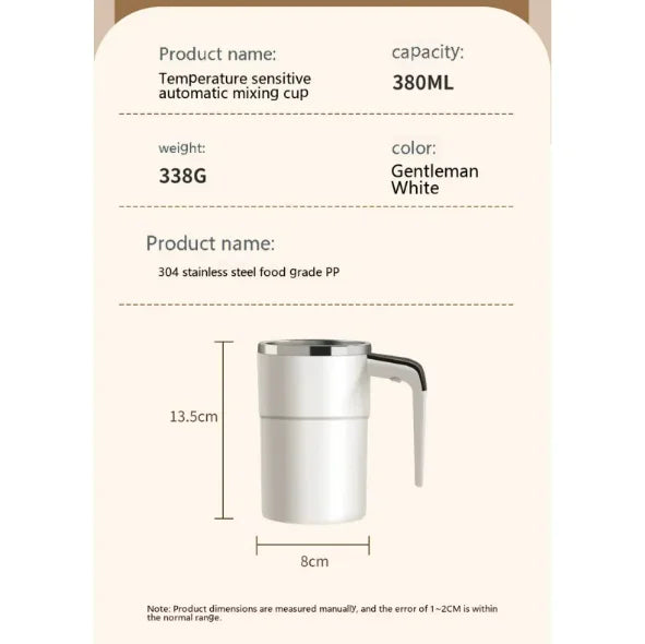 Magnetic Stirring Coffee Cup with temperature sensitive feature and stainless steel design, perfect for effortless mixing.